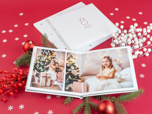 Odprt božični foto album s trdimi stranmi in ravnim odpiranjem – popoln za prikaz prazničnih fotografij.